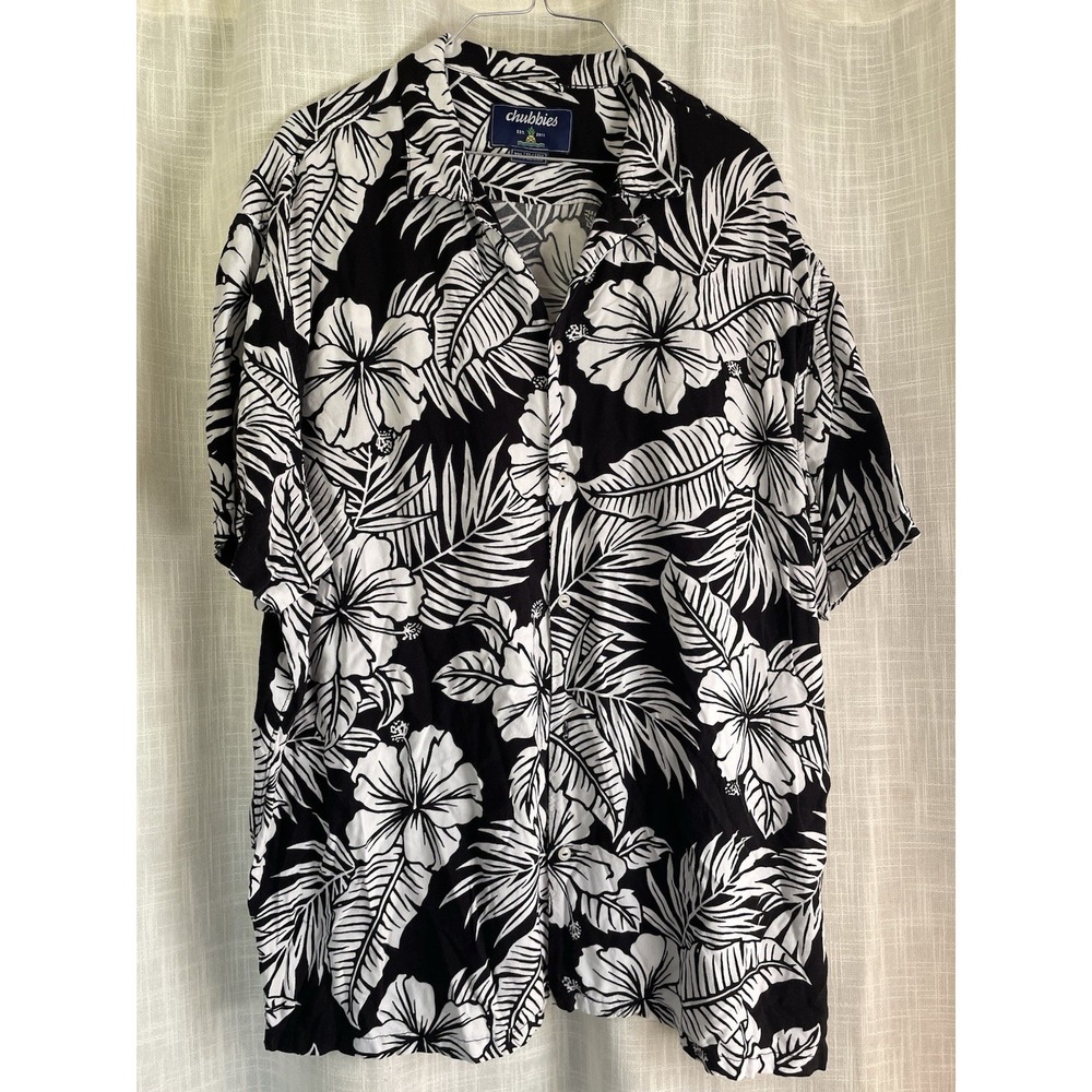 CHUBBIES Black White Floral Hawaiian Short Sleeve Button Down Shirt 2XL